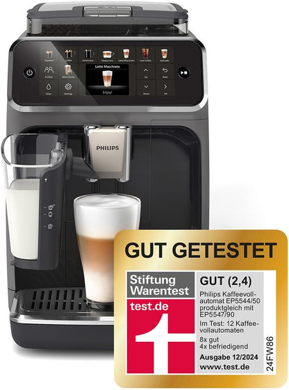 Serie 5500 EP5544/50 Kaffeevollautomat – LatteGo Milchsystem, 20 heiße und kalte Kaffeespezialitäten, 40% leiser mit SilentBrew, QuickStart, Schwarz/Grau